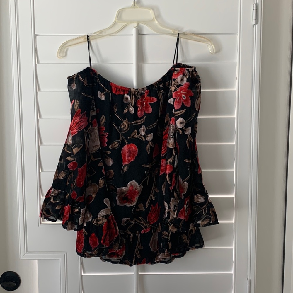 Red/black flutter top, off the shoulder w/velvety type texture, ruffle sleeves